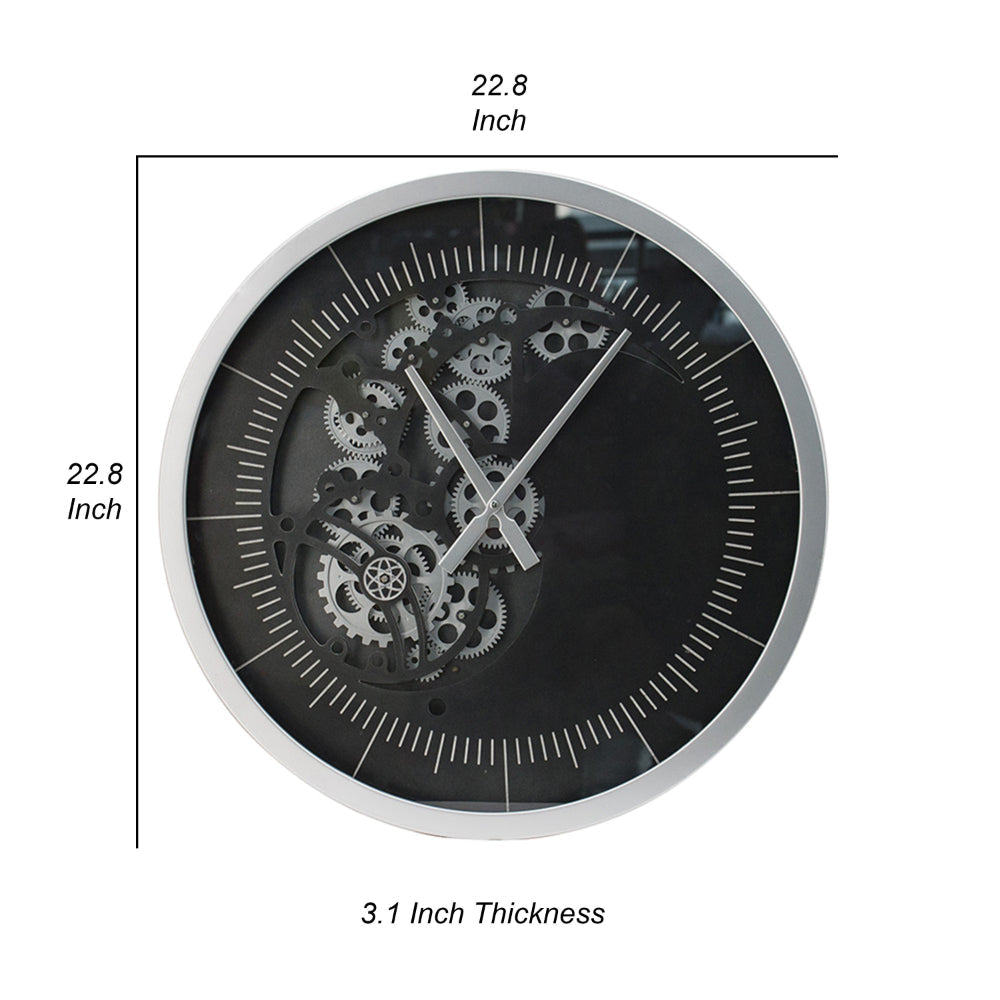 Reny 23 Inch Wall Clock Decorative Gear Design Round Silver Black Iron By Casagear Home BM312778