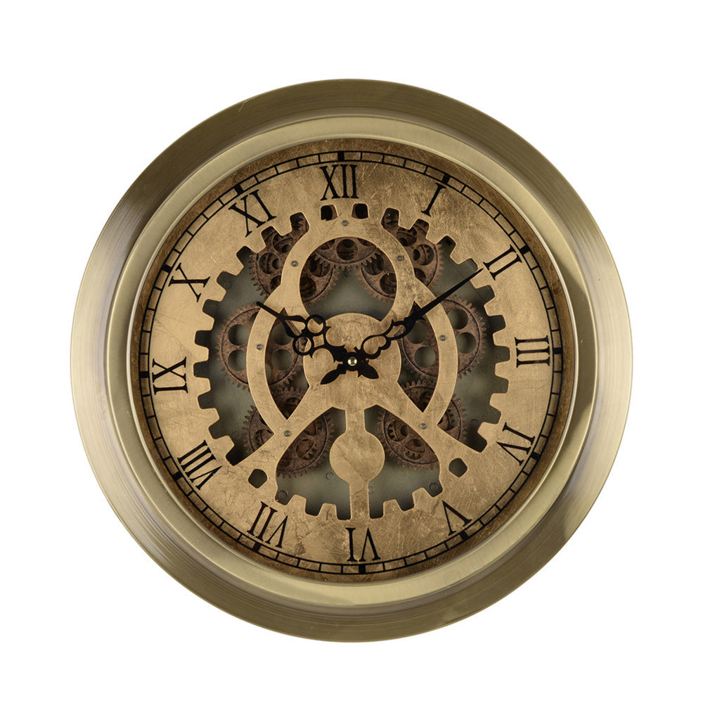 Reny 18 Inch Round Wall Clock, Gear Design, Roman Analog, Gold Bronze By Casagear Home