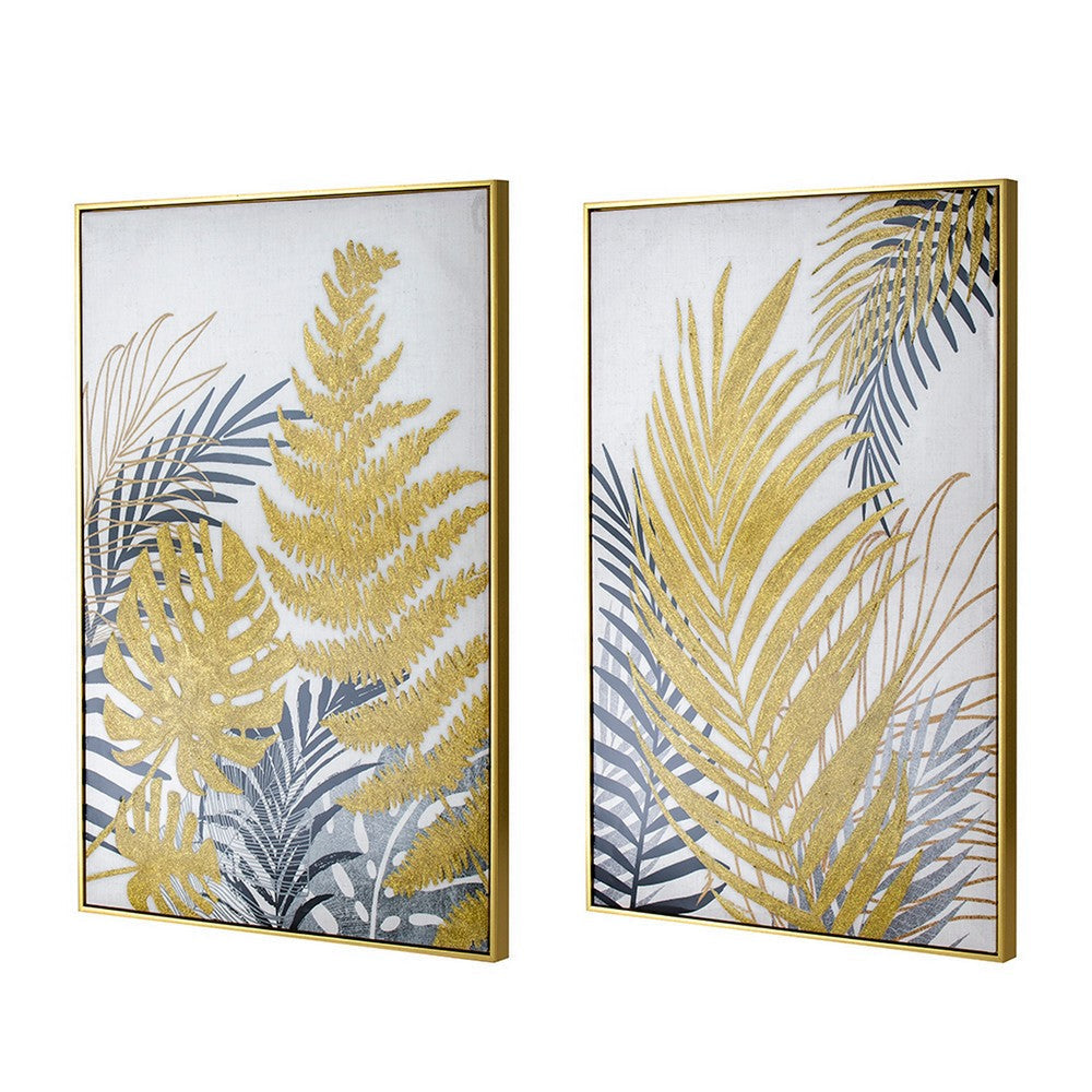 Nir 23 x 35 Set of 2 Palm Leaf Wall Art Frame Decor Black Gold Gray Wood By Casagear Home BM312787