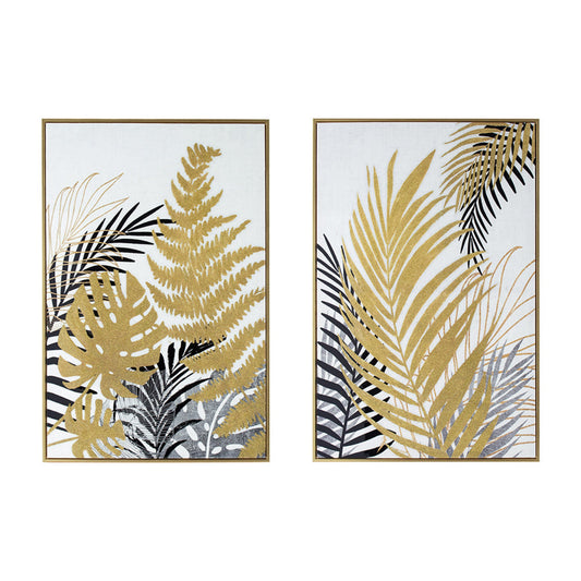 Nir 23 x 35 Set of 2 Palm Leaf Wall Art, Frame Decor, Black Gold, Gray Wood By Casagear Home