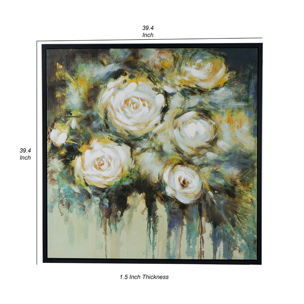 39 x 39 Framed Wall Art, Dreamy Floral Hand Painting, Black, Green, White By Casagear Home