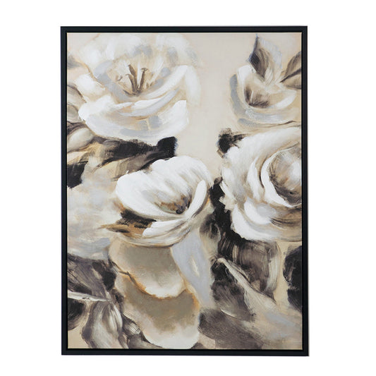 35 x 47 Framed Wall Art, Flower Print, Modern Style, Beige, Black, White By Casagear Home