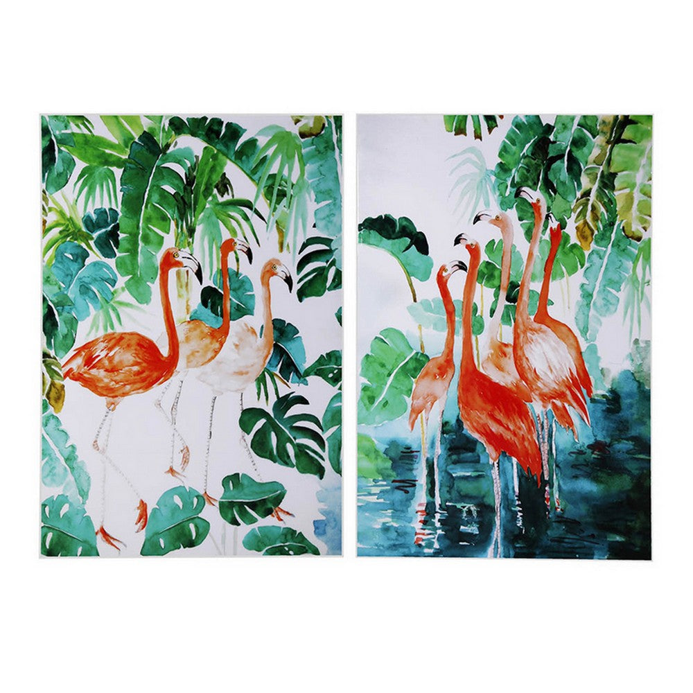 32 x 48 Set of 2 Framed Wall Art Botanical Flamingo Print Green White By Casagear Home BM312808