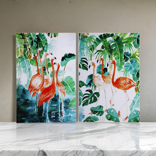 32 x 48 Set of 2 Framed Wall Art, Botanical Flamingo Print, Green, White By Casagear Home