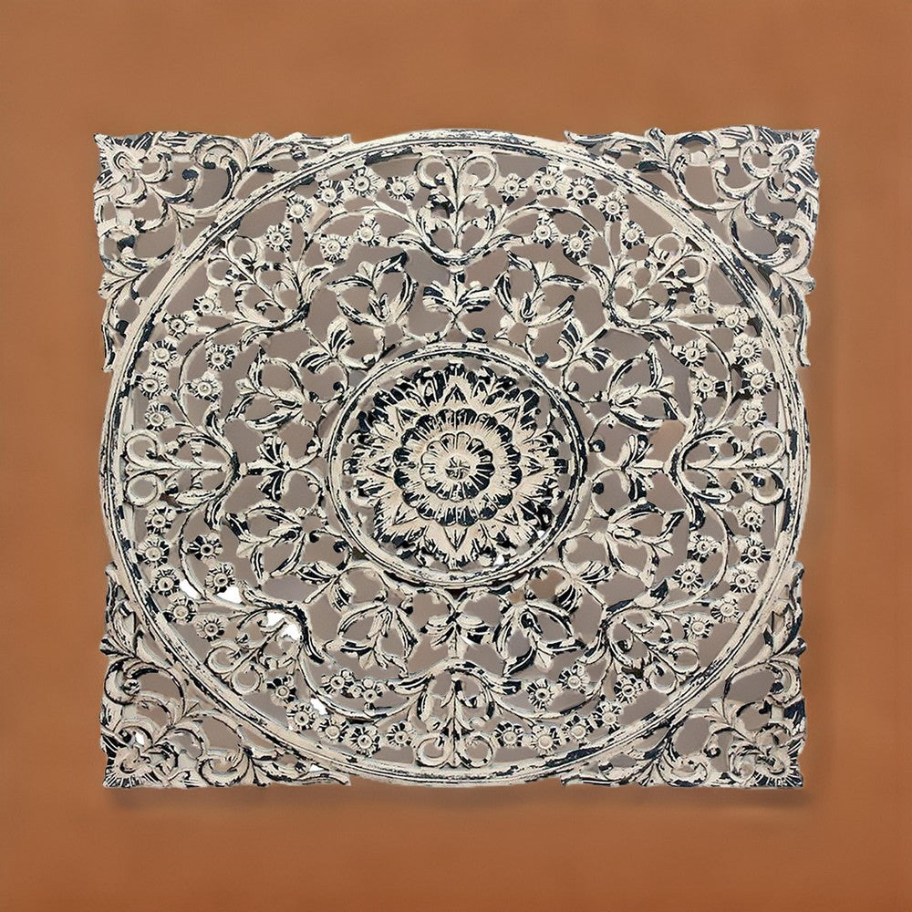 36 x 36 Decorative Wood Wall Panel, Intricate Carved Design, Silver Finish By Casagear Home