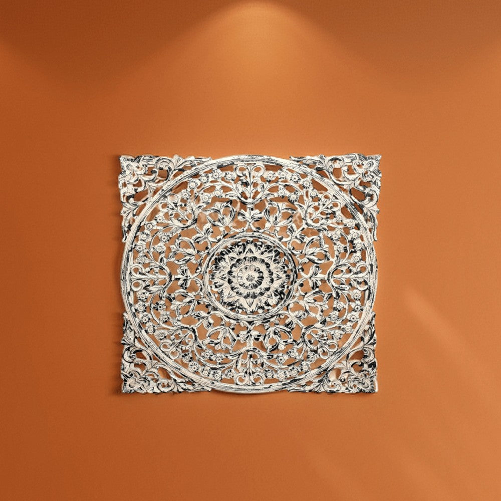 36 x 36 Decorative Wood Wall Panel, Intricate Carved Design, Silver Finish By Casagear Home