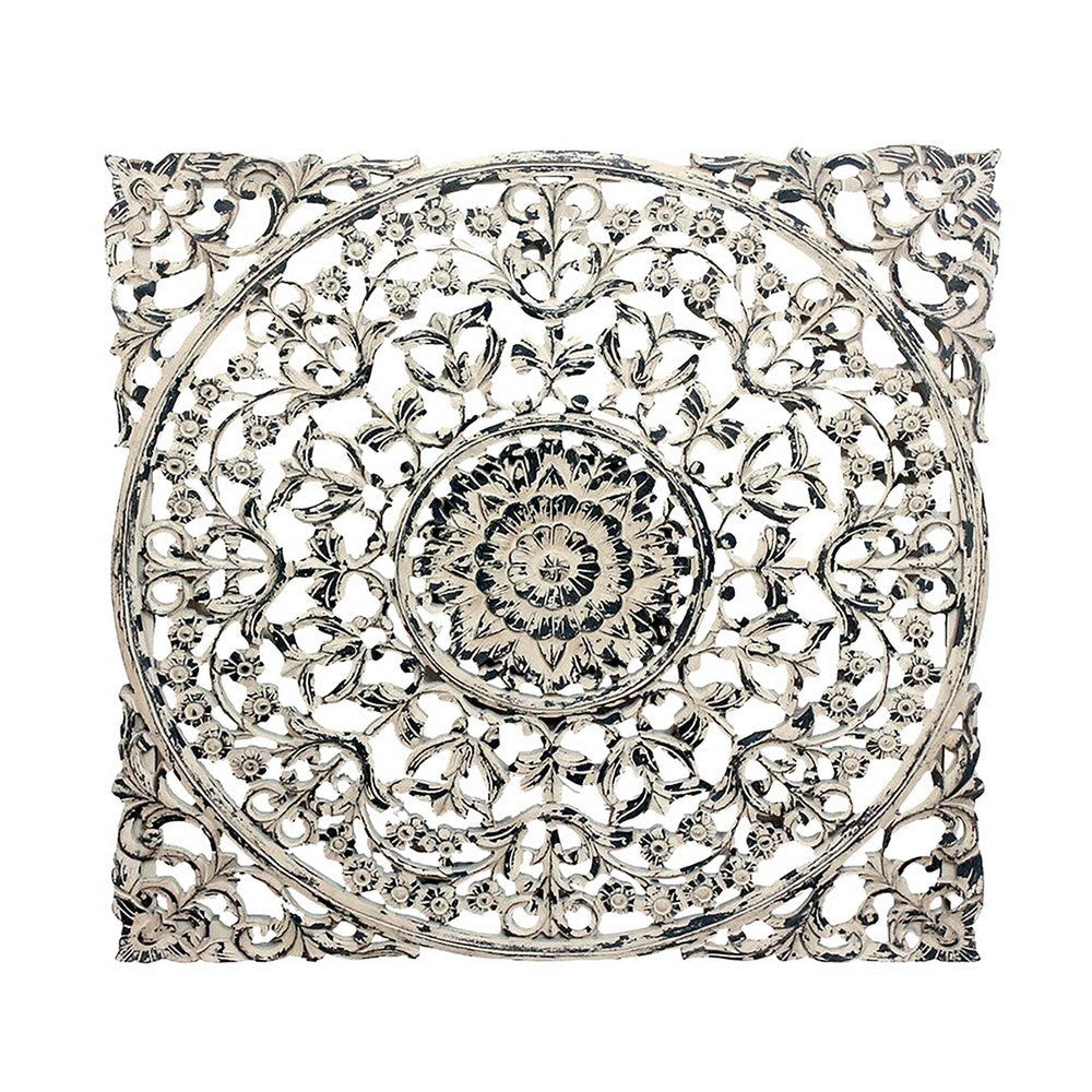 36 x 36 Decorative Wood Wall Panel Intricate Carved Design Silver Finish By Casagear Home BM312810