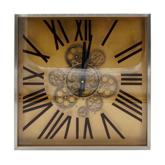 16 Inch Square Wall Clock, Gear Design, Roman Numeral, Gold, Black Finish By Casagear Home