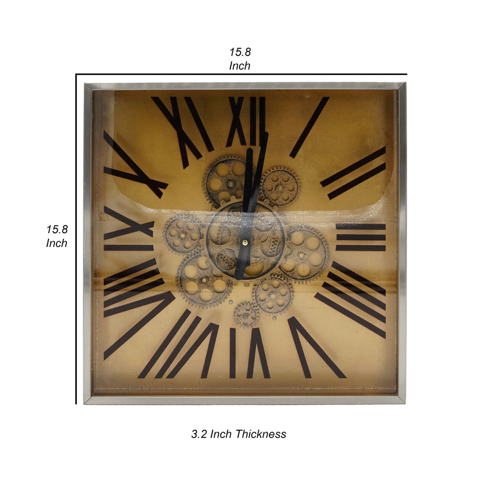 16 Inch Square Wall Clock Gear Design Roman Numeral Gold Black Finish By Casagear Home BM312811