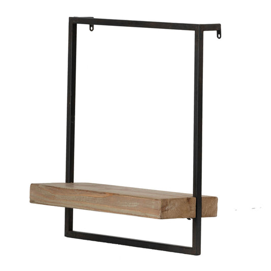 Yin 18 Inch Wall Shelf, Rectangular Industrial Frame, Black Iron Brown Wood By Casagear Home