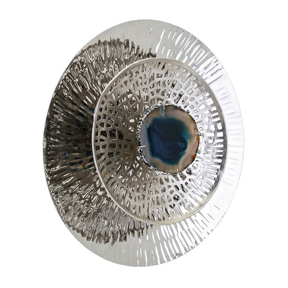 Set of 3 Decorative Wall Art Discs Textured Silver Steel Blue Agate By Casagear Home BM312825