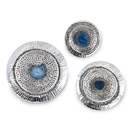 Set of 3 Decorative Wall Art Discs, Textured, Silver Steel, Blue Agate By Casagear Home