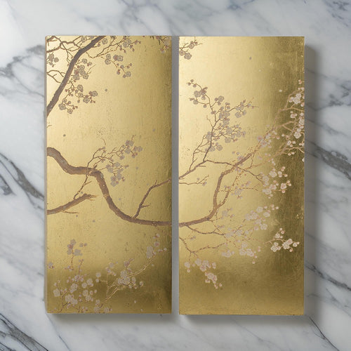 Tim 47 Inch Tall Wall Art Set of 2, Divided Floral Design, Gold, Brown By Casagear Home
