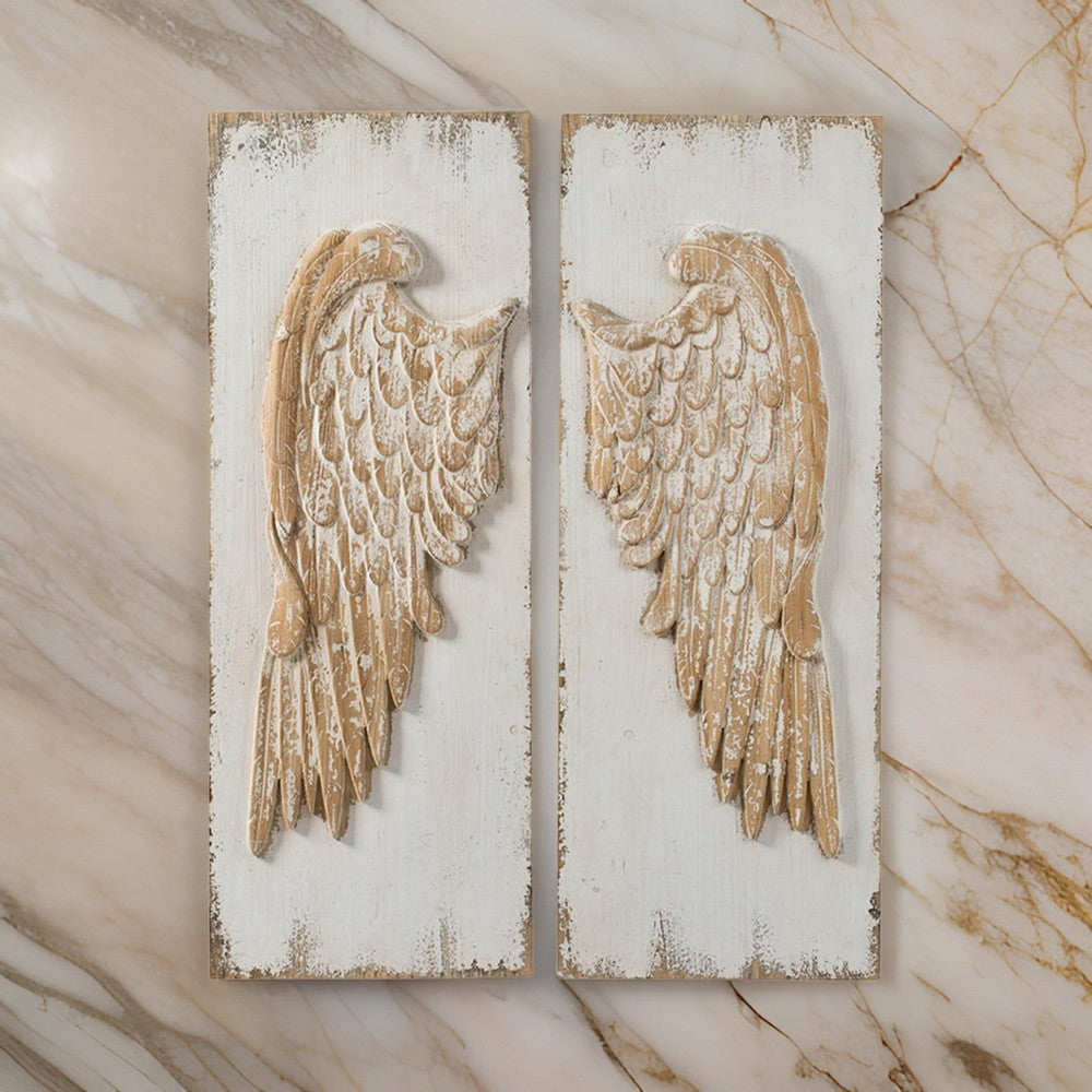 42 Inch Wood Wing Wall Art Decor Set of 2, Fir Wood Frame, White and Beige By Casagear Home