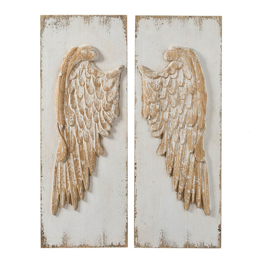 42 Inch Wood Wing Wall Art Decor Set of 2, Fir Wood Frame, White and Beige By Casagear Home