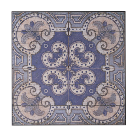Lina 48 Inch Bordered Wall Art Tile, Square, Floral Mandala, Blue, Ivory By Casagear Home