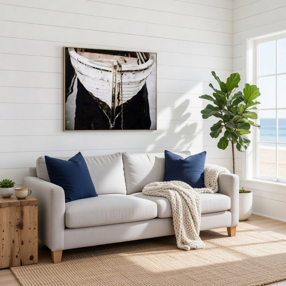 47 x 59 Wall Art, Boat Painting, Rectangular Canvas, Fir Wood, Black, White By Casagear Home