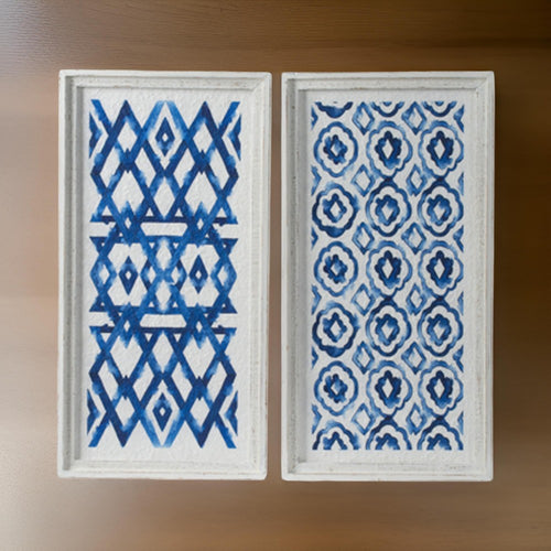 25 Inch Wall Decor Sculpture Set of 2, Fir Wood, Abstract Blue, White By Casagear Home