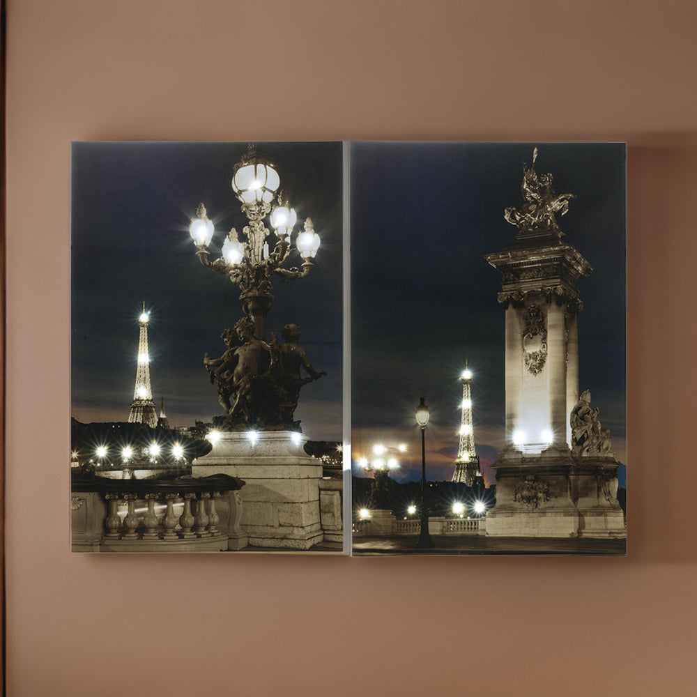 35 x 47 Wall Print Set of 2, Lit Eiffel Tower Design, LED, Black, White By Casagear Home