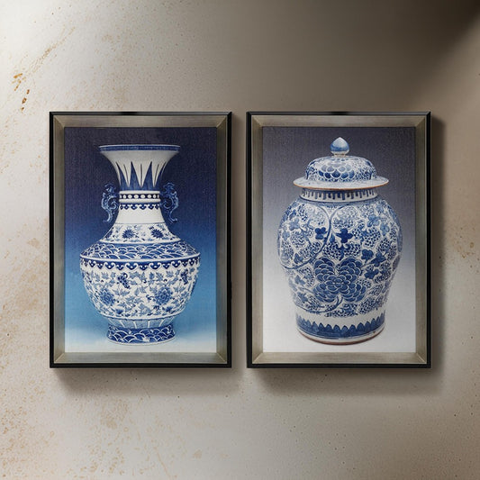 14 x 20 Set of 2 Framed Wall Art Prints, Pot Design, Blue, White, and Black By Casagear Home