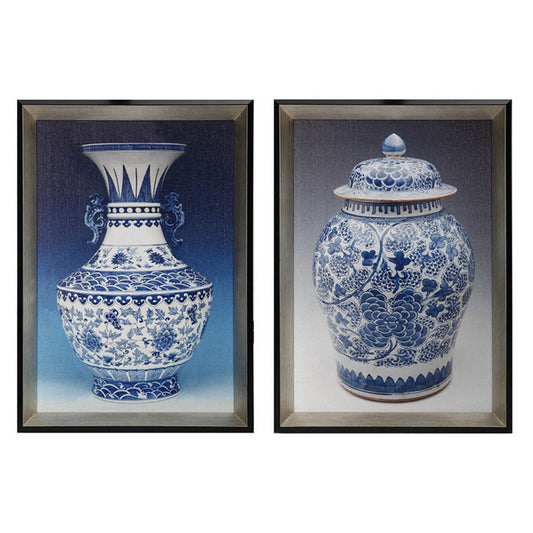 14 x 20 Set of 2 Framed Wall Art Prints, Pot Design, Blue, White, and Black By Casagear Home