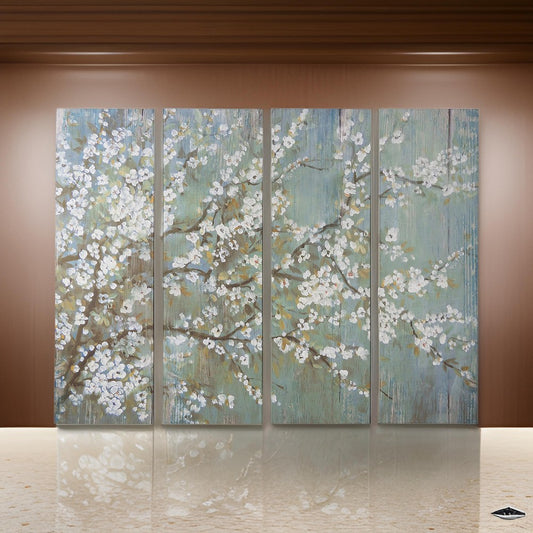 19 x 59 Wall Art Canvas Print Set of 4, White Cherry Blossom, Green Brown By Casagear Home