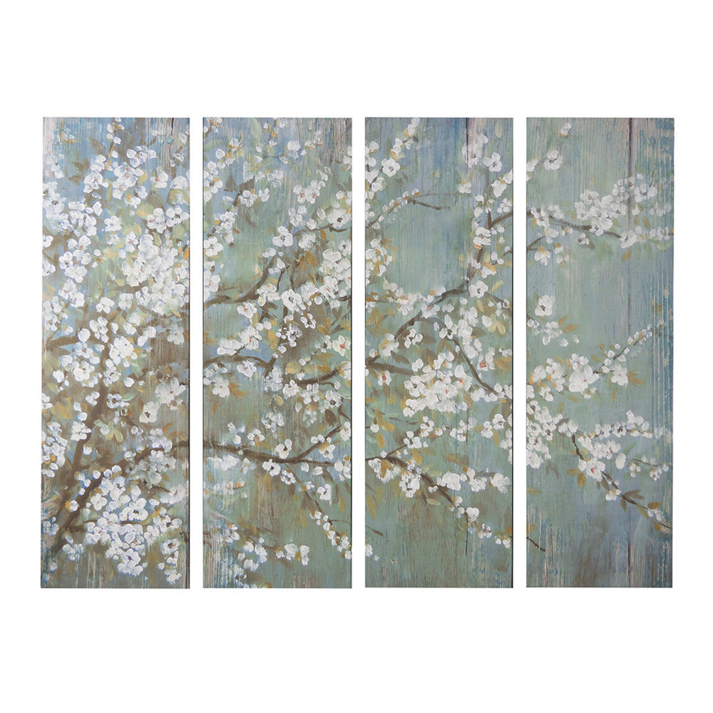 19 x 59 Wall Art Canvas Print Set of 4, White Cherry Blossom, Green Brown By Casagear Home