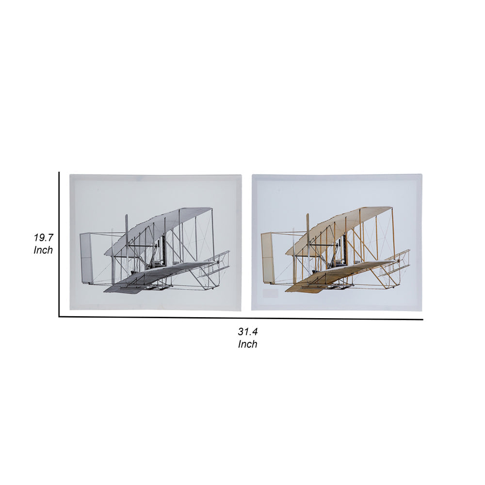 16 x 20 Wall Art Set of 2, Traditional Vintage Plane Design, White, Gray By Casagear Home