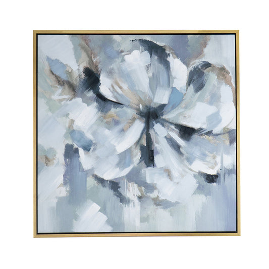 39 x 39 Square Wall Art Oil Painting, Flower Motif, Gray and Blue Canvas By Casagear Home