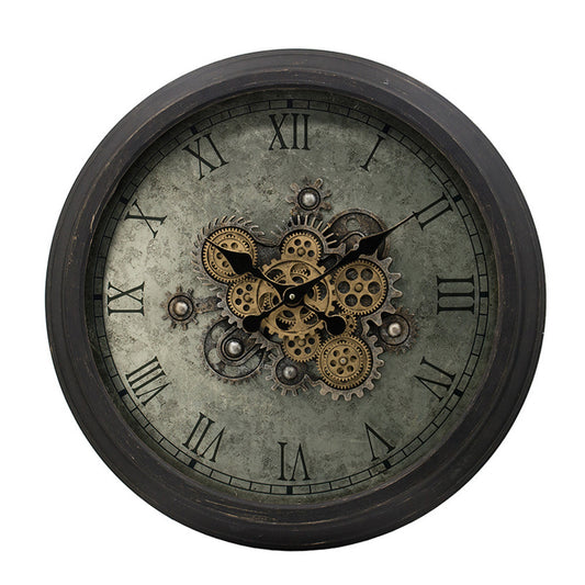 28 Inch Wall Clock, Round Vintage Gear Design, Gold and Dark Brown Finish By Casagear Home