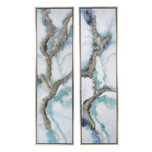 20 x 71 Tall Framed Wall Art Oil Painting Set of 2, Blue and Gold Canvas By Casagear Home