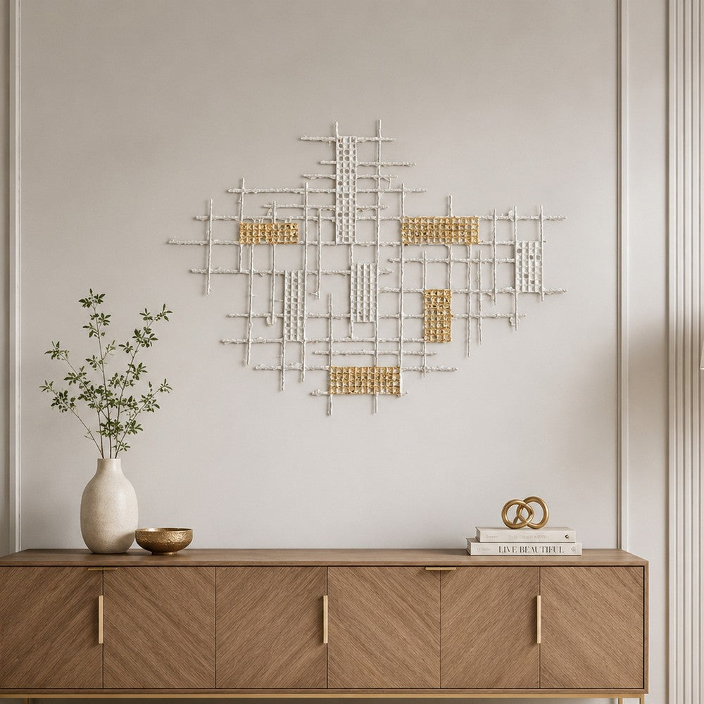 Rio 32 Inch Decorative Wall Decor, White, Gold Geometric Abstract, Iron By Casagear Home
