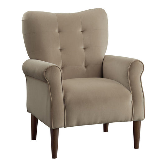 Kylie 32 Inch Accent Chair Armchair, Soft Tufted Brown Velvet, Solid Wood By Casagear Home