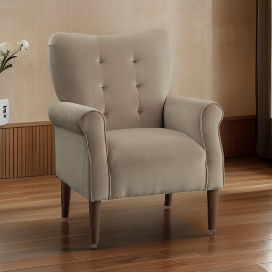 Kylie 32 Inch Accent Chair Armchair, Soft Tufted Brown Velvet, Solid Wood By Casagear Home