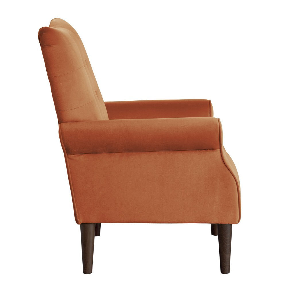 Kylie 32 Inch Accent Chair Armchair Tufted Orange Velvet Brown Solid Wood By Casagear Home BM313084