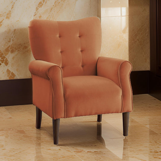 Kylie 32 Inch Accent Chair Armchair, Tufted Orange Velvet, Brown Solid Wood By Casagear Home