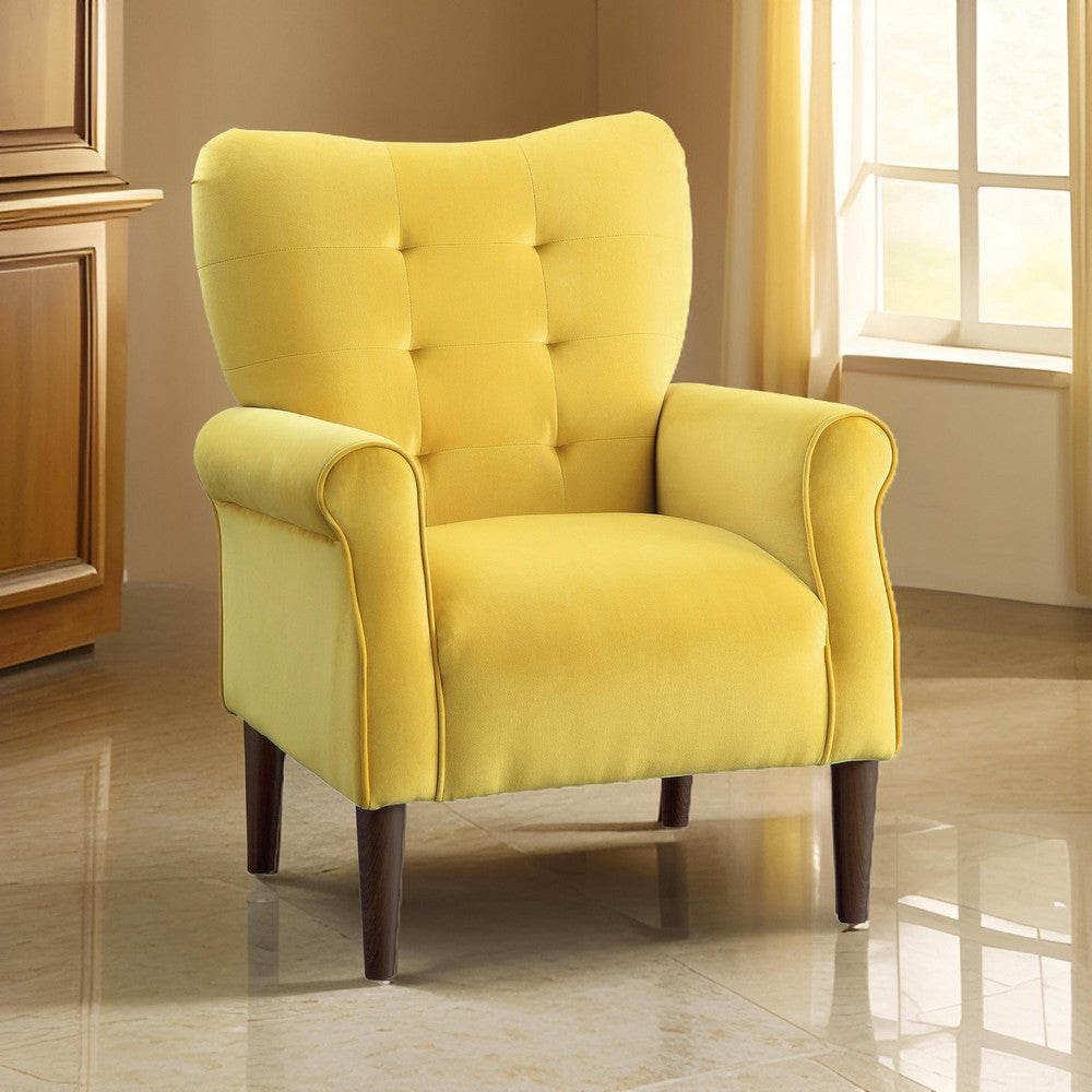 Kylie 32 Inch Accent Chair Armchair, Tufted Yellow Velvet, Brown Solid Wood By Casagear Home