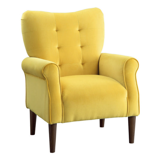 Kylie 32 Inch Accent Chair Armchair, Tufted Yellow Velvet, Brown Solid Wood By Casagear Home