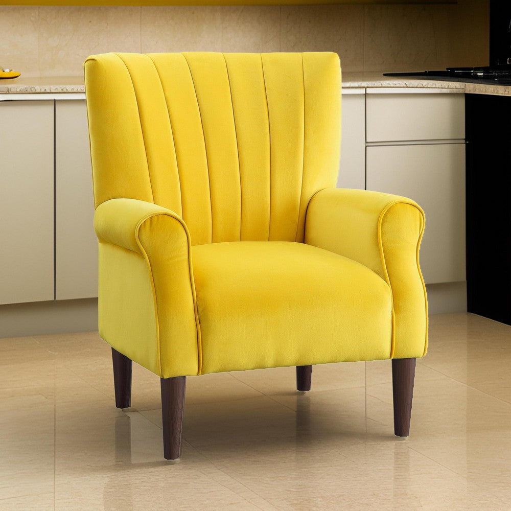 Elle 35 Inch Accent Chair Armchair, Tufted Yellow Velvet, Brown Solid Wood By Casagear Home