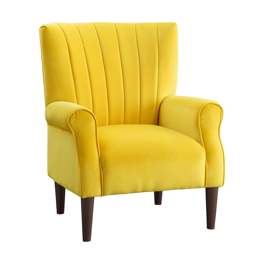 Elle 35 Inch Accent Chair Armchair Tufted Yellow Velvet Brown Solid Wood By Casagear Home BM313091