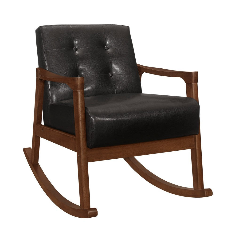 Ciao 37 Inch Rocking Chair Armchair Dark Brown Faux Leather Solid Wood By Casagear Home BM313097