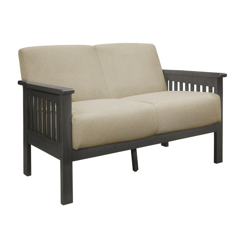 Wiston 50 Inch Loveseat, Beige Polyester, Dark Gray Solid Rubberwood By Casagear Home