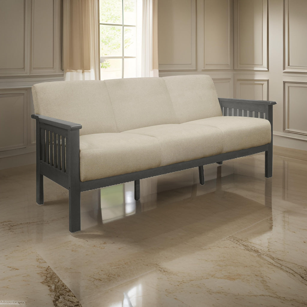 Wiston 72 Inch Sofa, Soft Beige Polyester, Dark Gray Solid Rubberwood By Casagear Home