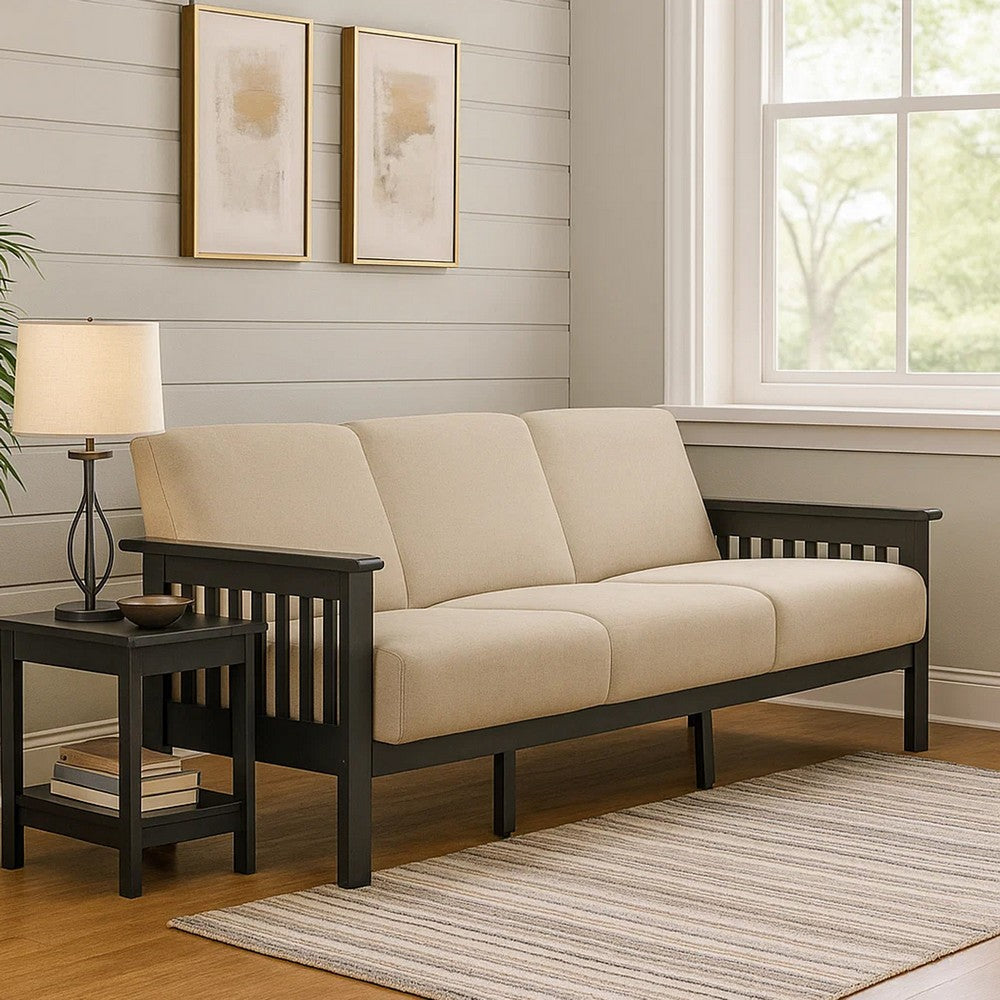 Wiston 72 Inch Sofa, Soft Beige Polyester, Dark Gray Solid Rubberwood By Casagear Home