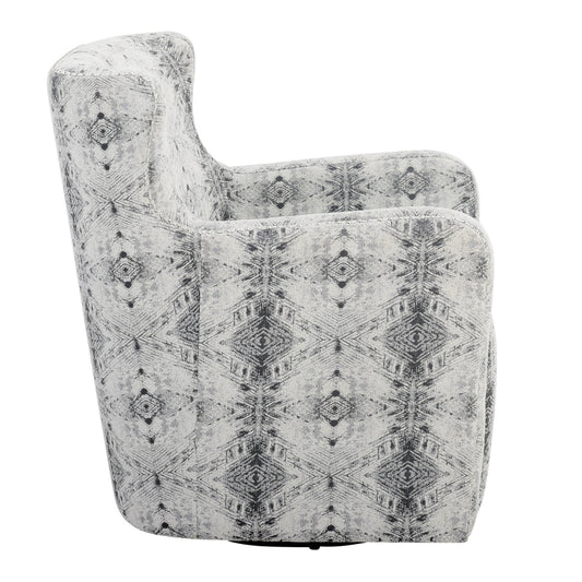 32 Inch Swivel Accent Chair, Gray Black Patterned Polyester, Solid Wood By Casagear Home