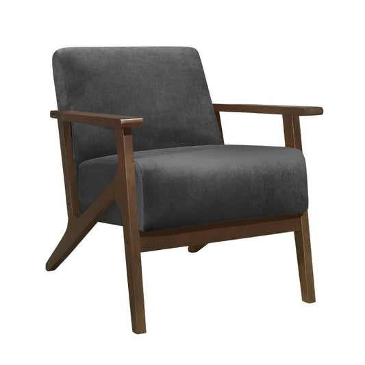 Rica 32 Inch Accent Armchair, Dark Gray Velvet, Walnut Brown Solid Wood By Casagear Home