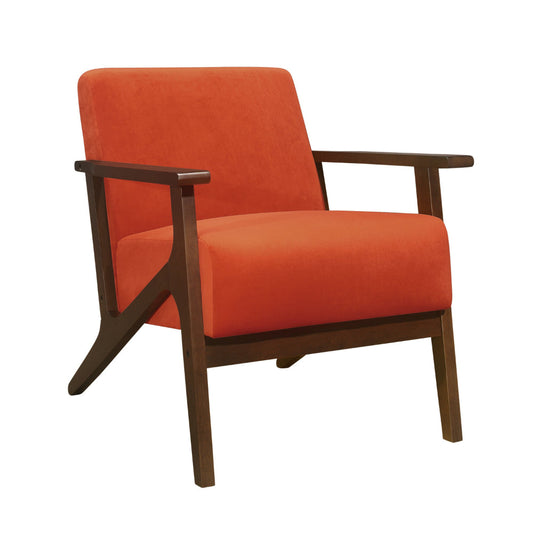 Rica 32 Inch Accent Armchair, Soft Orange Velvet, Walnut Brown Solid Wood By Casagear Home