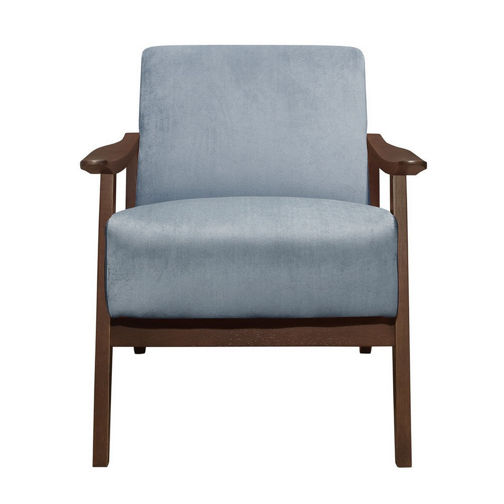 Rica 32 Inch Accent Armchair Curved Soft Blue Velvet Brown Solid Wood By Casagear Home BM313127