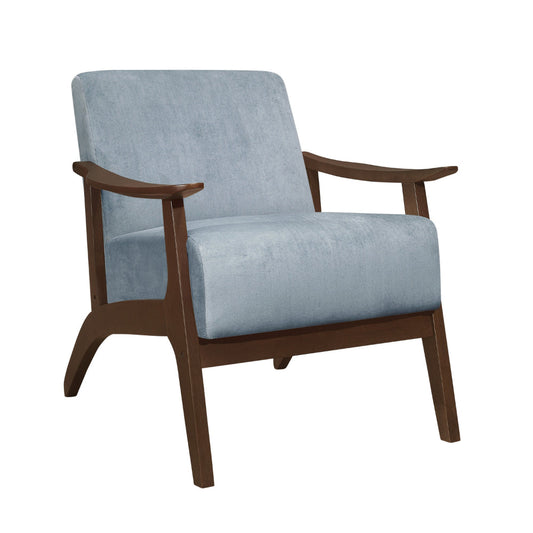 Rica 32 Inch Accent Armchair, Curved, Soft Blue Velvet, Brown Solid Wood By Casagear Home