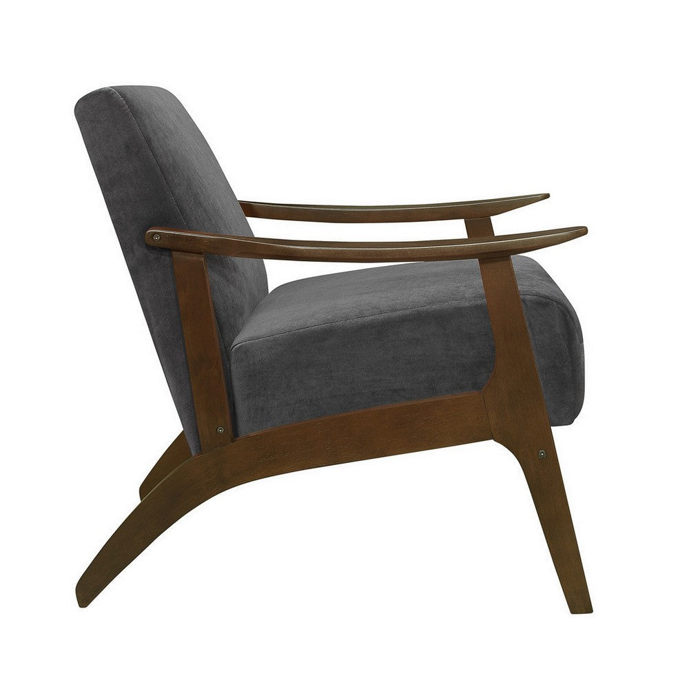 Rica 32 Inch Accent Armchair Curved Dark Gray Velvet Brown Solid Wood By Casagear Home BM313128